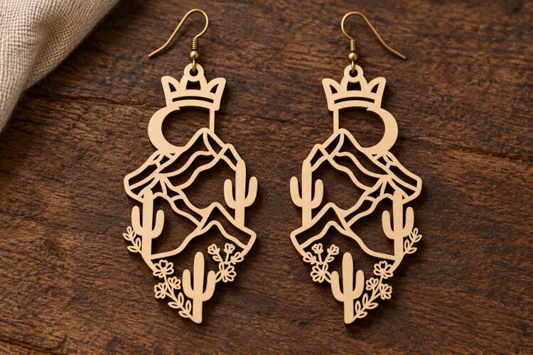 Crown Desert Mountain Cactus Wooden Earrings Laser Cut SVG example image 1
