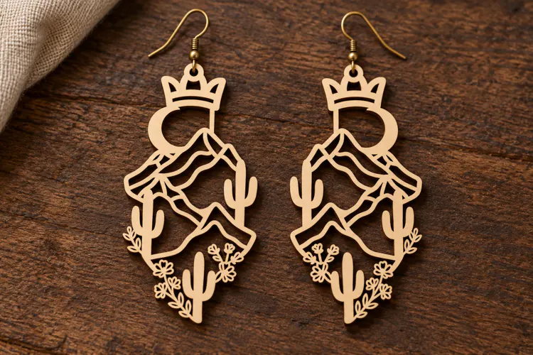Crown Desert Mountain Cactus Wooden Earrings Laser Cut SVG