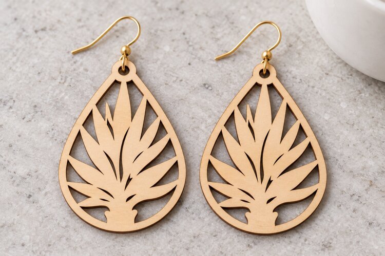 Teardrop Agave Desert Plant Wooden Earrings Laser Cut SVG example image 1