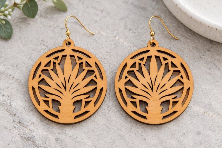 Round Agave Desert Plant Wooden Earrings Laser Cut SVG example image 1