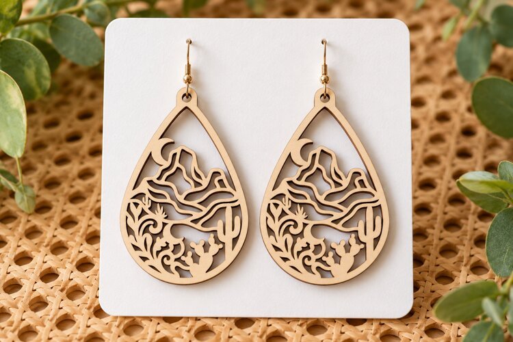 Teardrop Desert Mountain Cactus Wooden Earrings Laser Cut SV example image 1