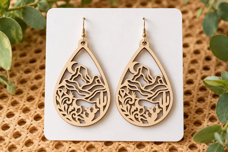 Teardrop Desert Mountain Cactus Wooden Earrings Laser Cut SV