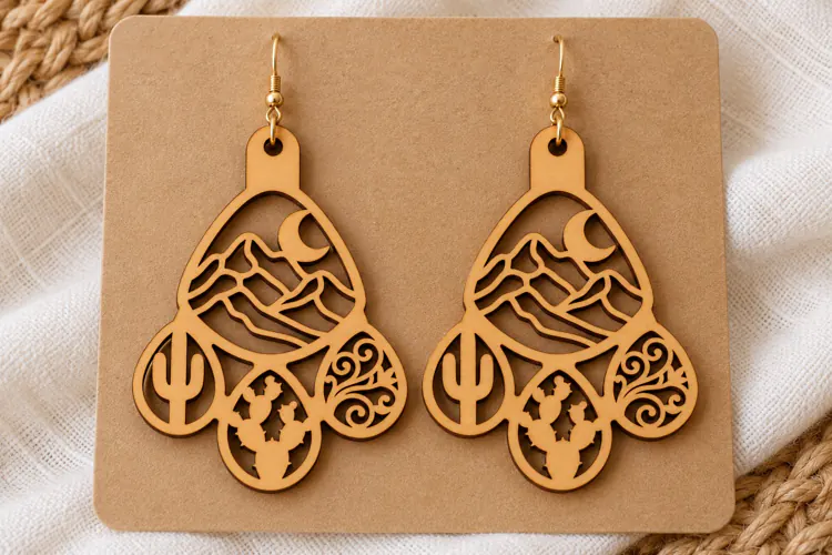 Elaborate Desert Mountain Cactus Wooden Earrings Laser Cut