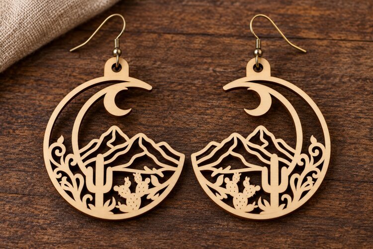 Crescent Moon Desert Mountain Cactus Wooden Earrings Laser example image 1