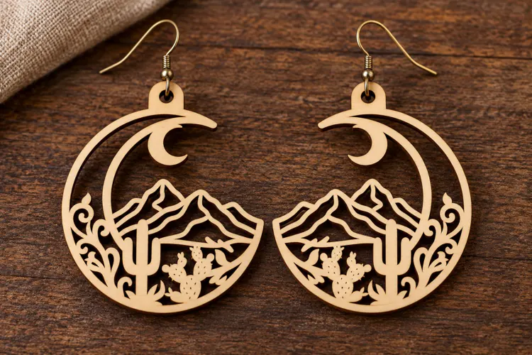 Crescent Moon Desert Mountain Cactus Wooden Earrings Laser