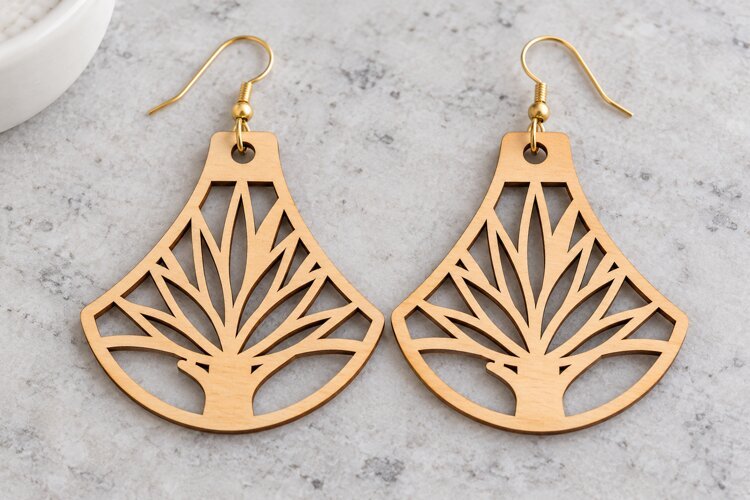Fan Shape Floral Tree Wooden Earrings Laser Cut SVG example image 1