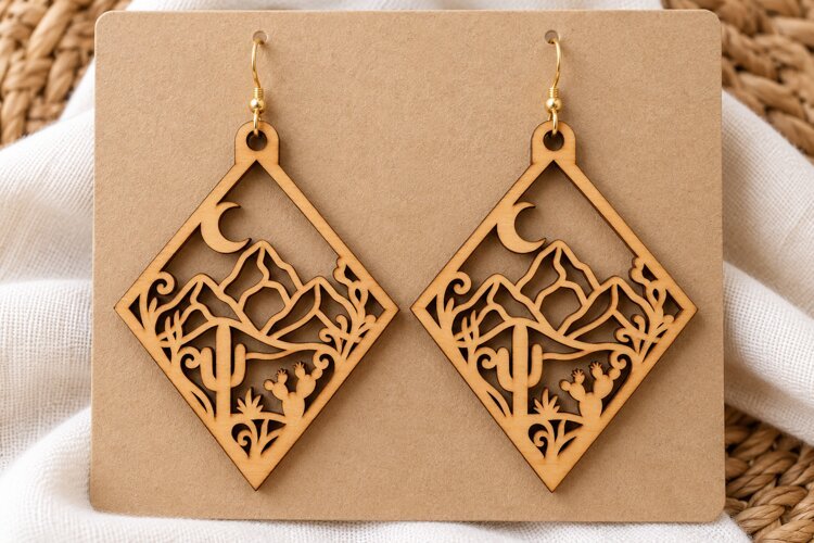 Diamond Desert Mountain Cactus Wooden Earrings Laser Cut SVG example image 1