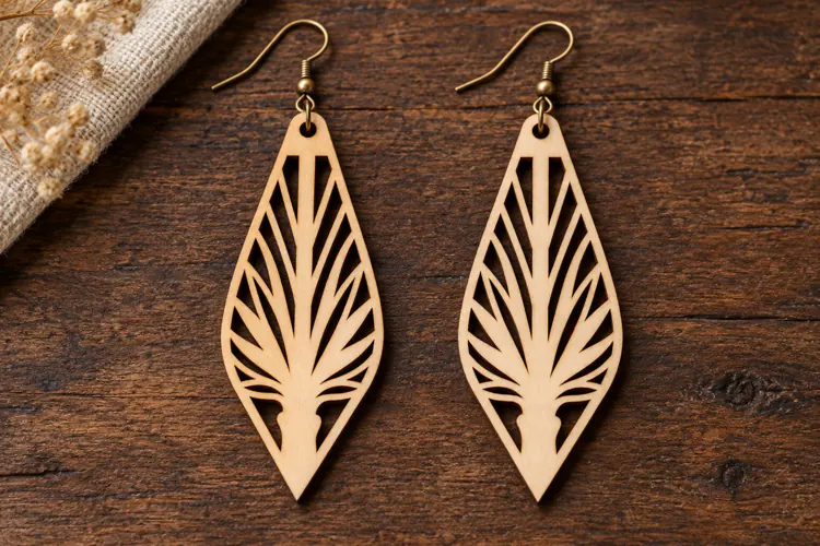 Long Leaf Floral Botanical Wooden Earrings Laser Cut SVG,