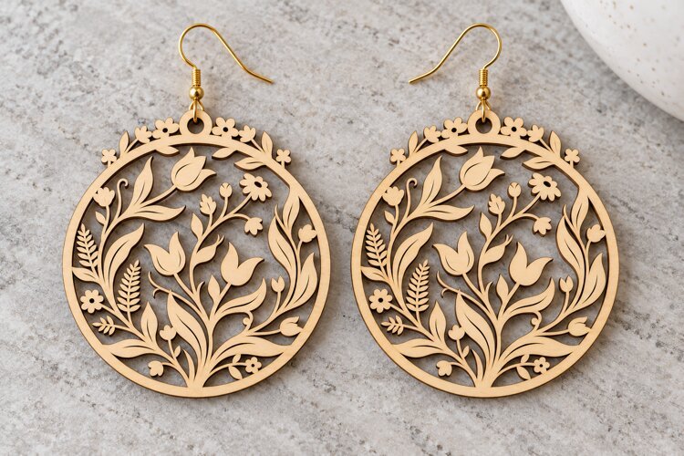 Round Floral Meadow Wooden Earrings Laser Cut SVG, Circular example image 1