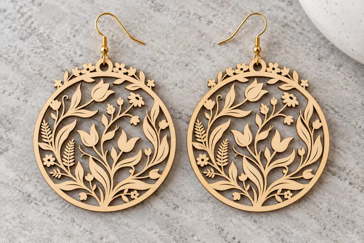 Round Floral Meadow Wooden Earrings Laser Cut SVG, Circular