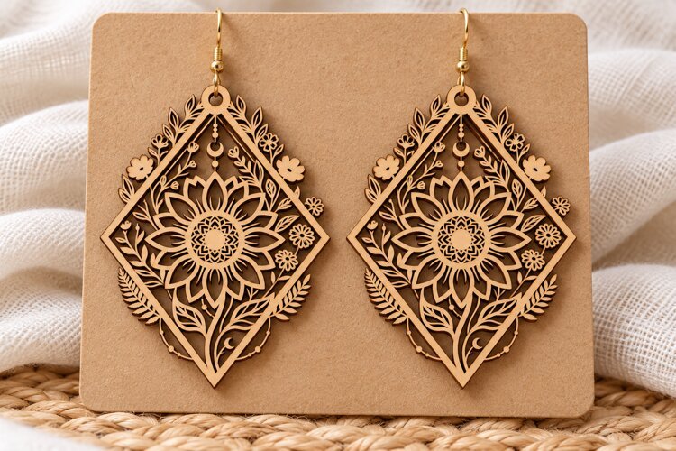 Diamond Floral Lace Wooden Earrings Laser Cut SVG, Geometric example image 1