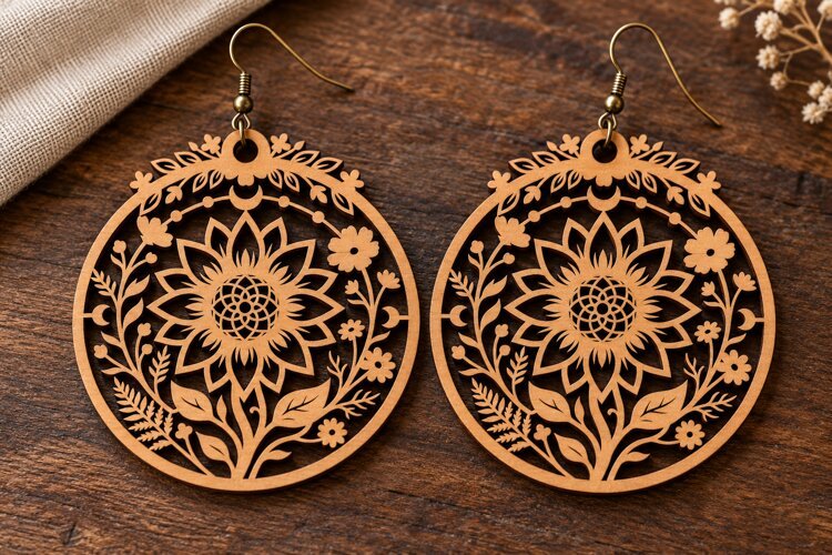 Round Floral Sunflower Wooden Earrings Laser Cut SVG, Circul example image 1