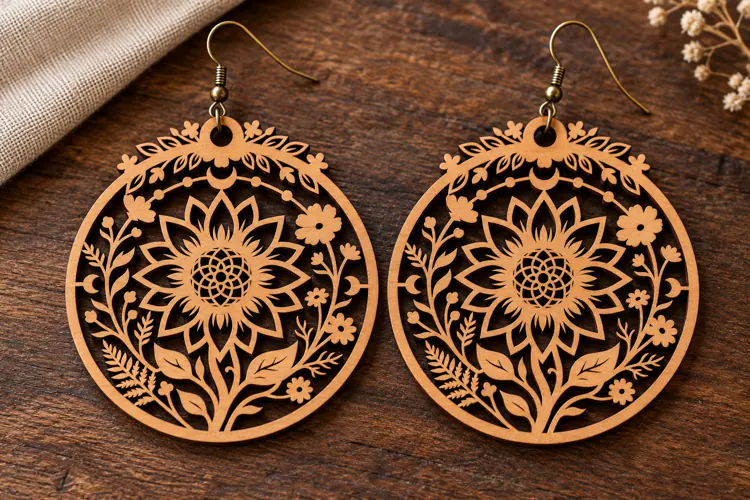 Round Floral Sunflower Wooden Earrings Laser Cut SVG, Circul