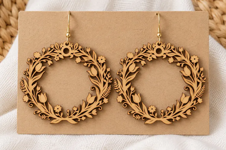 Round Floral Wreath Wooden Earrings Laser Cut SVG, Circular