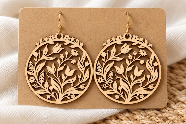 Round Floral Meadow Wooden Earrings Laser Cut SVG, Circular example image 1
