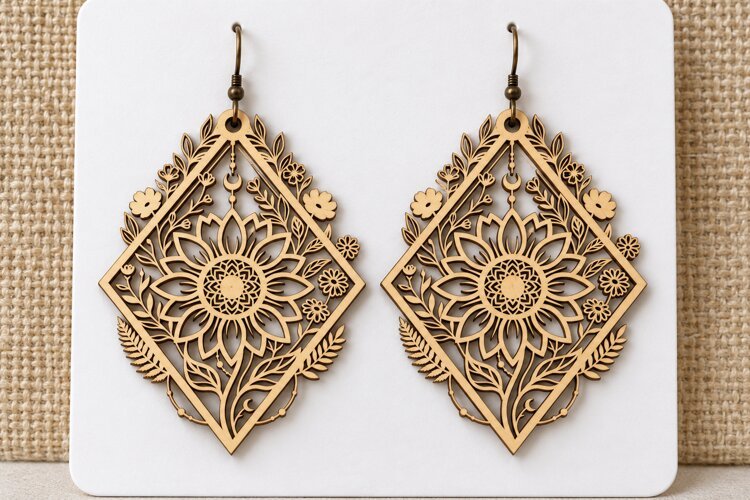 Diamond Floral Sunflower Wooden Earrings Laser Cut SVG, Geom example image 1