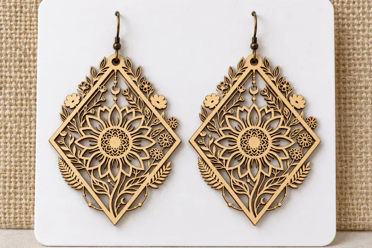 Diamond Floral Sunflower Wooden Earrings Laser Cut SVG, Geom