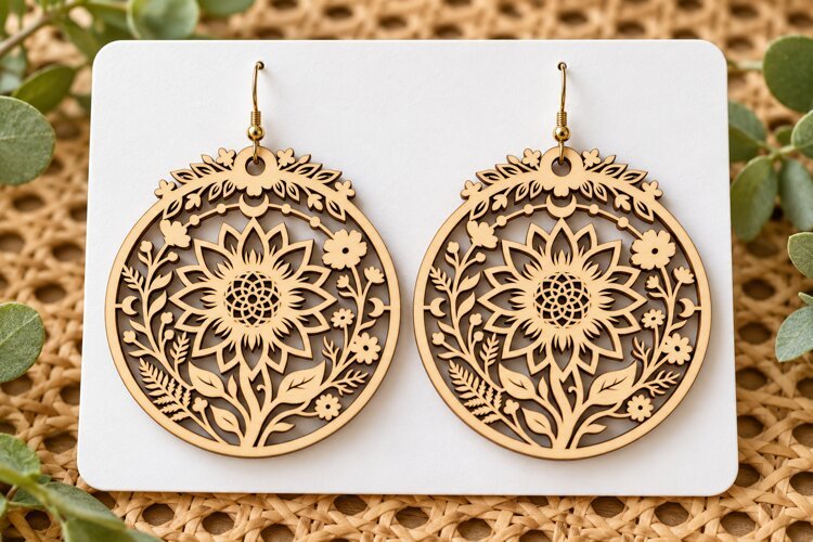 Round Floral Sunflower Wooden Earrings Laser Cut SVG, Circul example image 1
