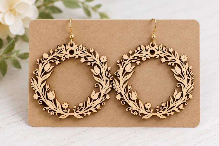 Round Floral Wreath Wooden Earrings Laser Cut SVG, Circular