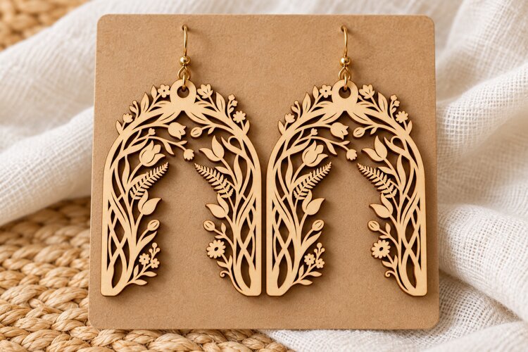 Arch Floral Meadow Wooden Earrings Laser Cut SVG, Botanical example image 1