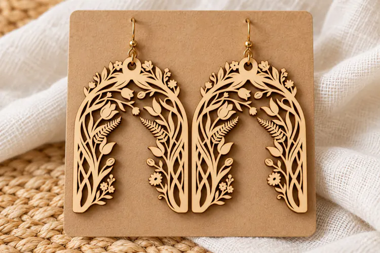 Arch Floral Meadow Wooden Earrings Laser Cut SVG, Botanical