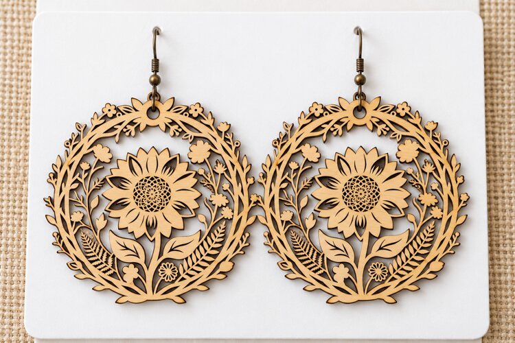 Round Floral Sunflower Wooden Earrings Laser Cut SVG, Circul example image 1