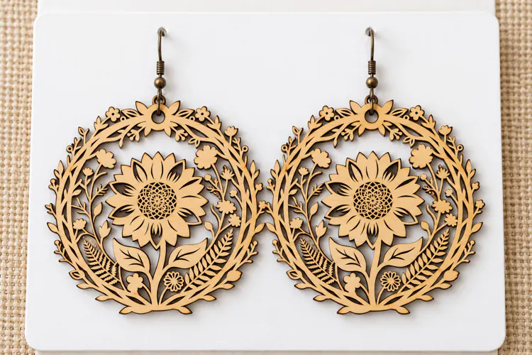 Round Floral Sunflower Wooden Earrings Laser Cut SVG, Circul