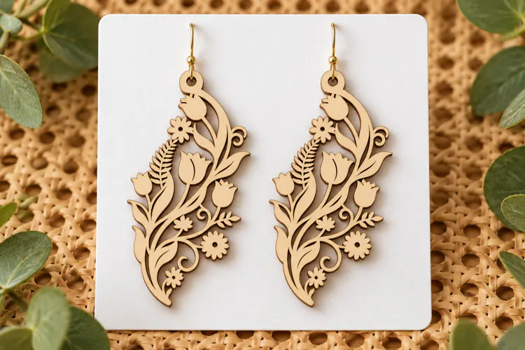 Long Leaf Floral Botanical Wooden Earrings Laser Cut SVG,