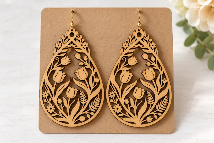 Teardrop Floral Tulip Wooden Earrings Laser Cut SVG, Botanic