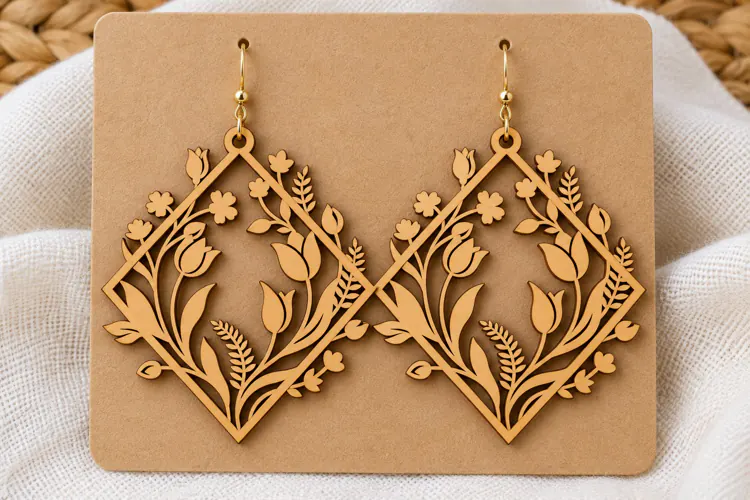 Diamond Floral Tulip Wooden Earrings Laser Cut SVG, Geometri