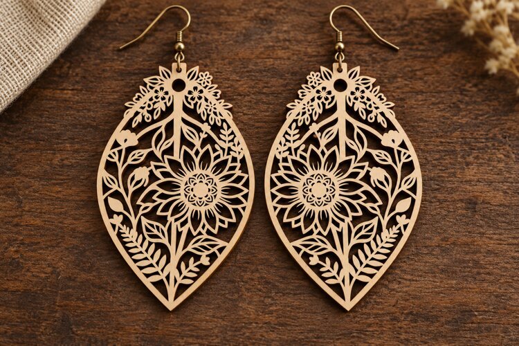 Teardrop Floral Sunflower Wooden Earrings Laser Cut SVG example image 1