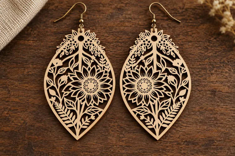 Teardrop Floral Sunflower Wooden Earrings Laser Cut SVG