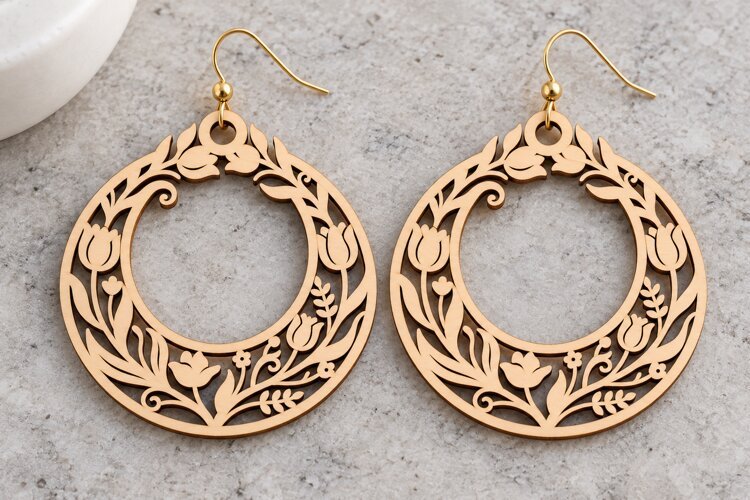Round Floral Meadow Wooden Earrings Laser Cut SVG, Circular example image 1