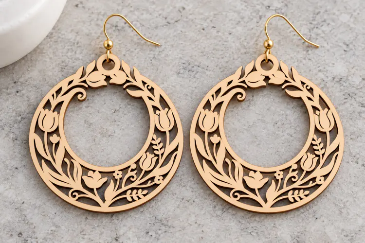 Round Floral Meadow Wooden Earrings Laser Cut SVG, Circular