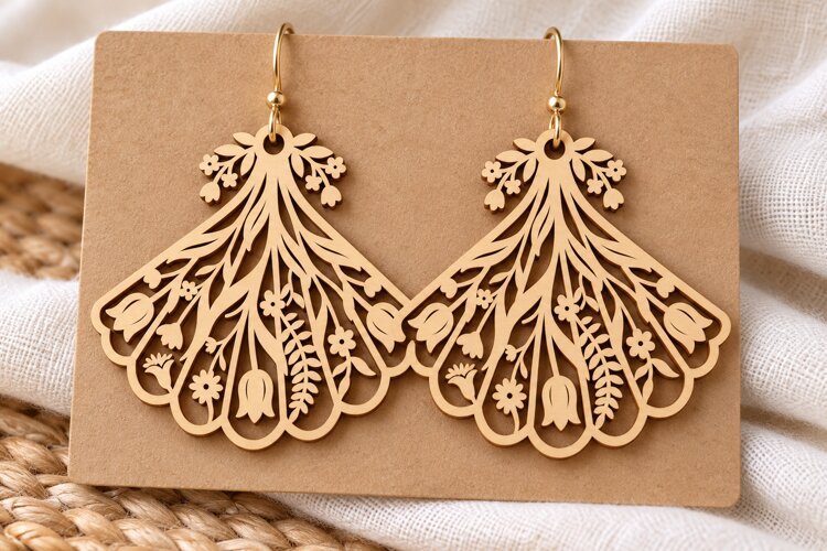 Fan Shape Floral Flourish Wooden Earrings Laser Cut SVG, Art example image 1