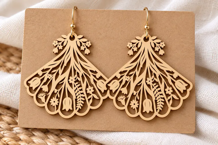 Fan Shape Floral Flourish Wooden Earrings Laser Cut SVG, Art
