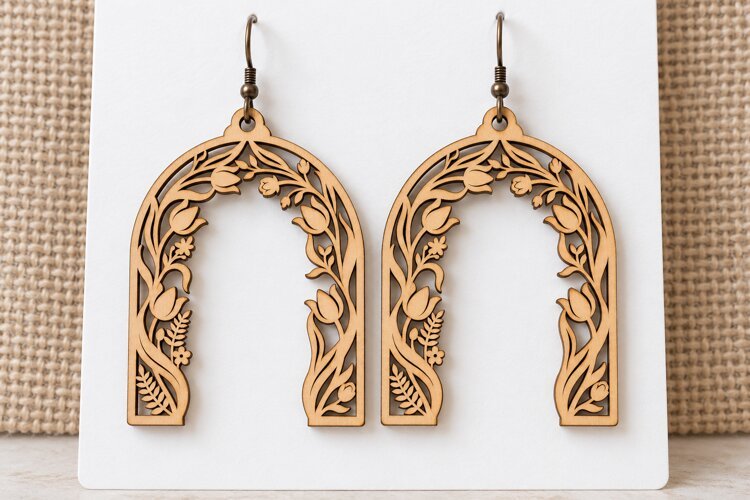 Arch Floral Meadow Wooden Earrings Laser Cut SVG, Botanical example image 1