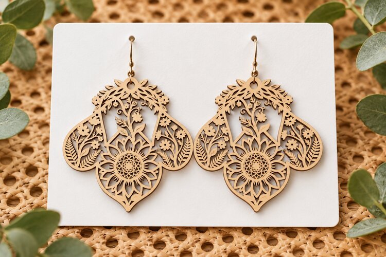 Elaborate Floral Lace Wooden Earrings Laser Cut SVG, Botanic example image 1