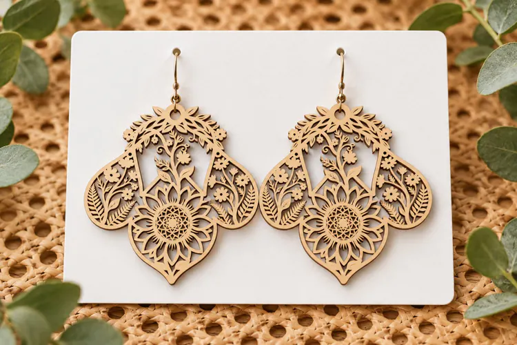 Elaborate Floral Lace Wooden Earrings Laser Cut SVG, Botanic