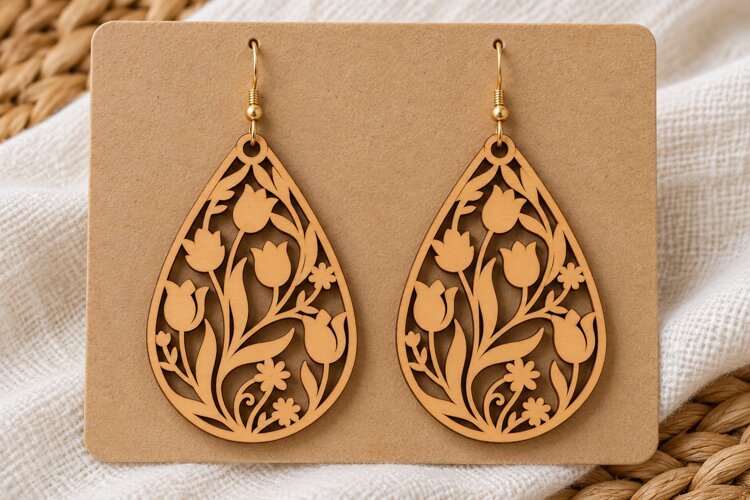 Teardrop Floral Tulip Wooden Earrings Laser Cut SVG, Botanic example image 1