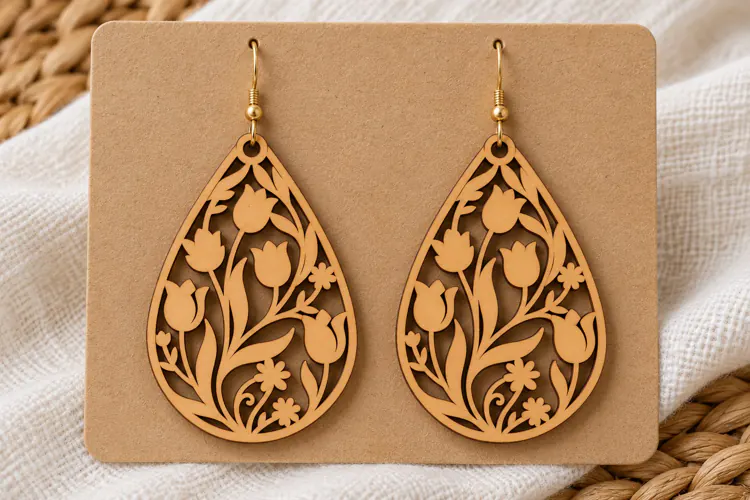 Teardrop Floral Tulip Wooden Earrings Laser Cut SVG, Botanic