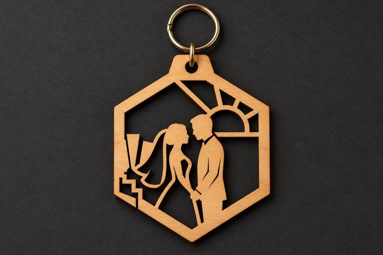 Hexagon Wedding Couple Sun Landscape Keychain Laser Cut SVG example image 1