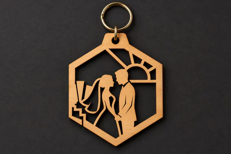 Hexagon Wedding Couple Sun Landscape Keychain Laser Cut SVG