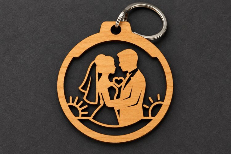 Round Wedding Couple Heart Sun Keychain Laser Cut SVG example image 1