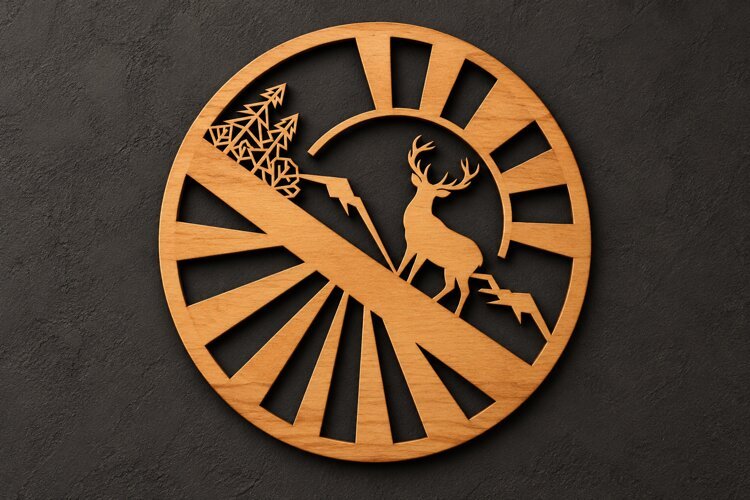 Round Deer Sun Landscape Art Deco Laser Cut SVG, Circular example image 1