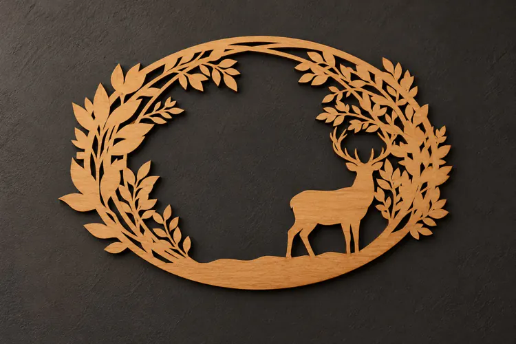 Oval Deer Forest Wreath Nature Laser Cut SVG, Botanical Wild