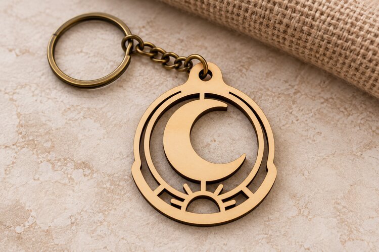 Shield Sun Crest Wooden Keychain Laser Cut SVG, Carved Geome example image 1