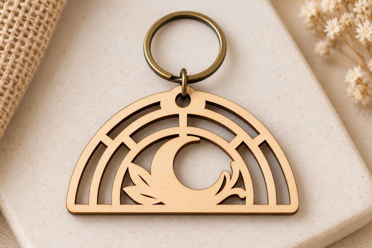 Arch Rainbow Crescent Moon Botanical Wooden Keychain Laser example image 1