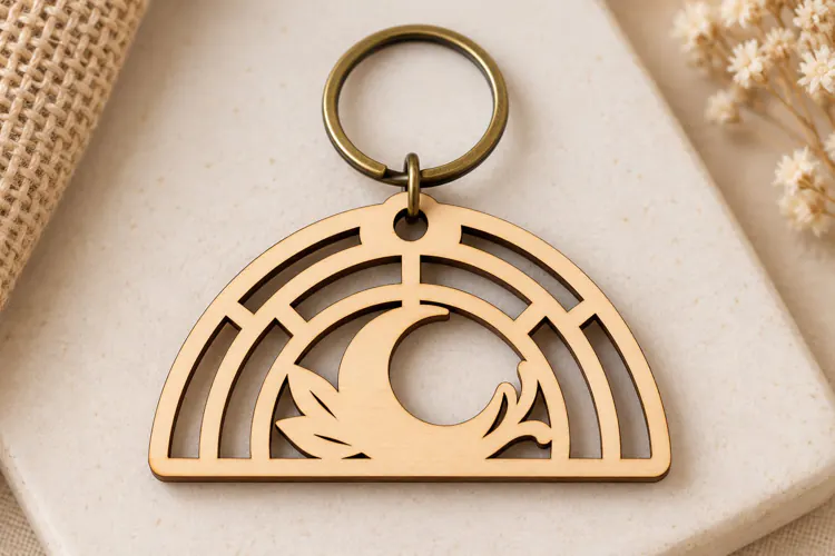 Arch Rainbow Crescent Moon Botanical Wooden Keychain Laser