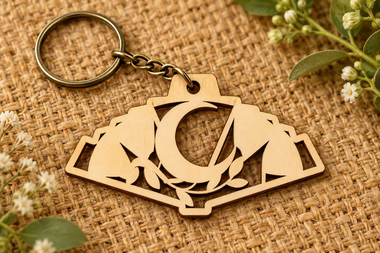Fan Shape Crescent Moon Botanical Wooden Keychain Laser Cut